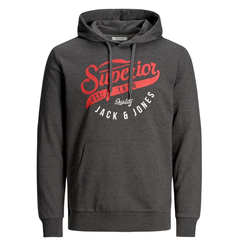 Jack & Jones Men's Hooded Pullover Sweatshirt: Logo Print Warm Long Sleeve Jumper