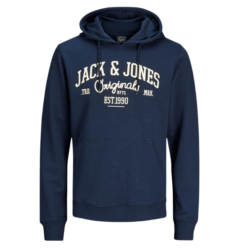 Jack & Jones Men's Hooded Pullover Sweatshirt: Logo Print Warm Long Sleeve Jumper