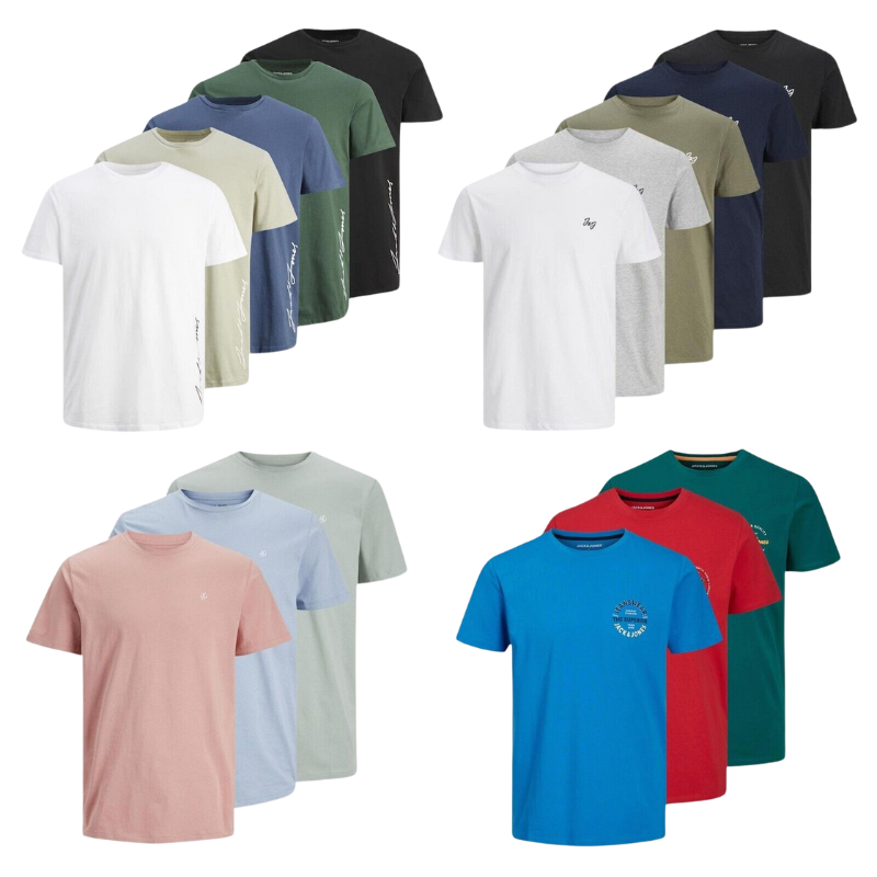 Jack Jones Men's Smart Logo Branded Cotton Top Multi-Pack T-Shirts, Sizes S-2XL