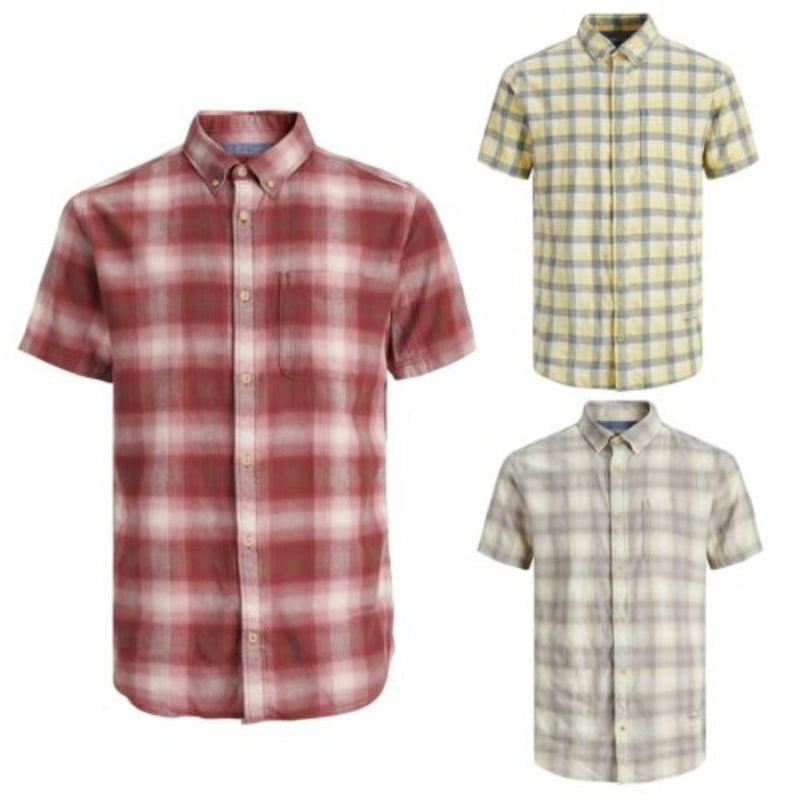 Jack & Jones Men's Slim Fit Short Sleeve Check Shirts Summer Holiday Casual Wear