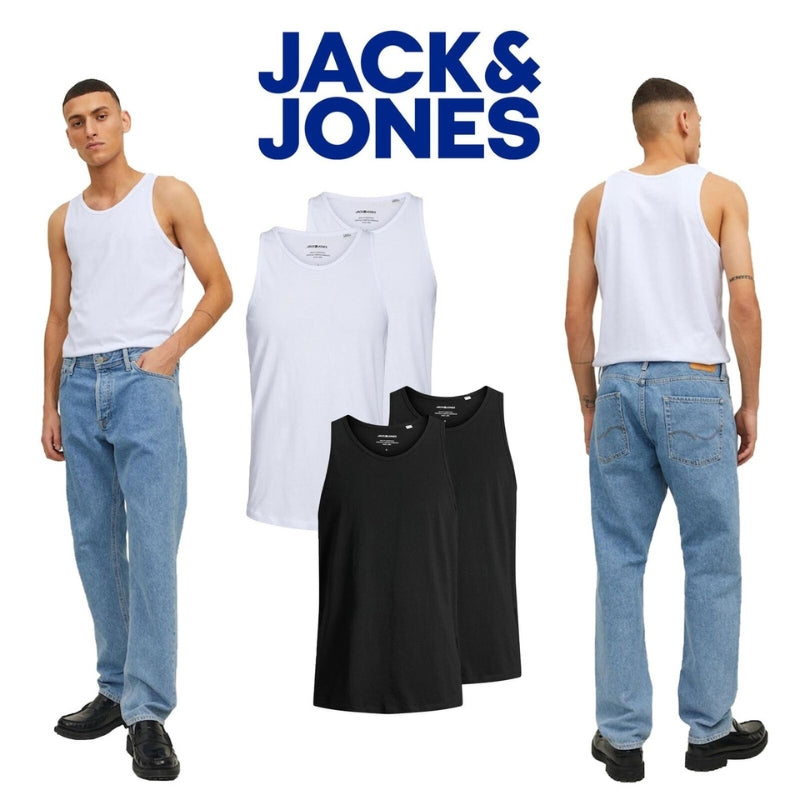 Jack & Jones Men's Sports Vest: Plain Tank Top 2-Pack Multipack, UK Sizes S to 2XL