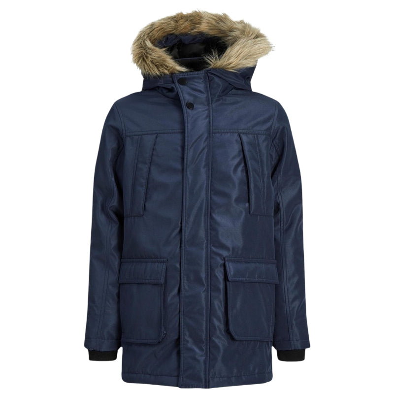 Jack & Jones Junior Kids Boys Hooded Jacket: Long Sleeve Faux Fur Coat for Outdoor Wear