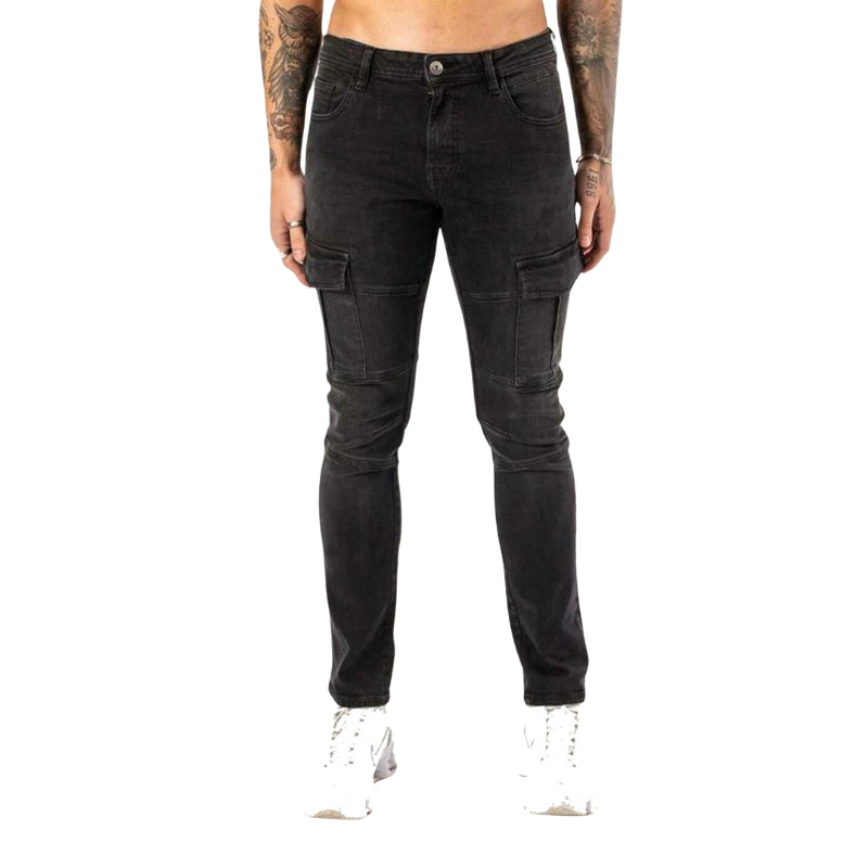DML Men's Cargo Jeans: Skinny Fit, Stretch Fabric, Zip Fly, Designer Combat Denim Pants