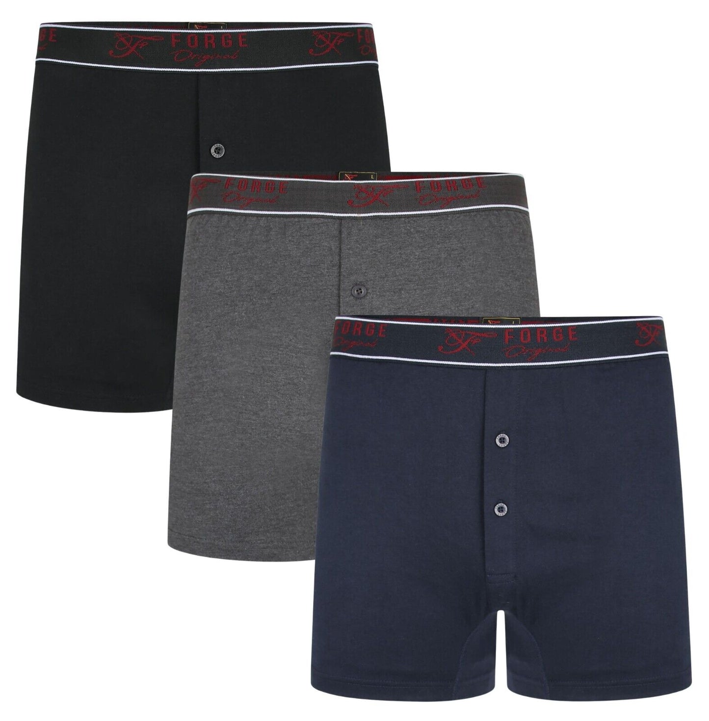 Mens 3 Pack Forge Boxer Shorts Trunks Cotton Underwear Button Fly Underpants