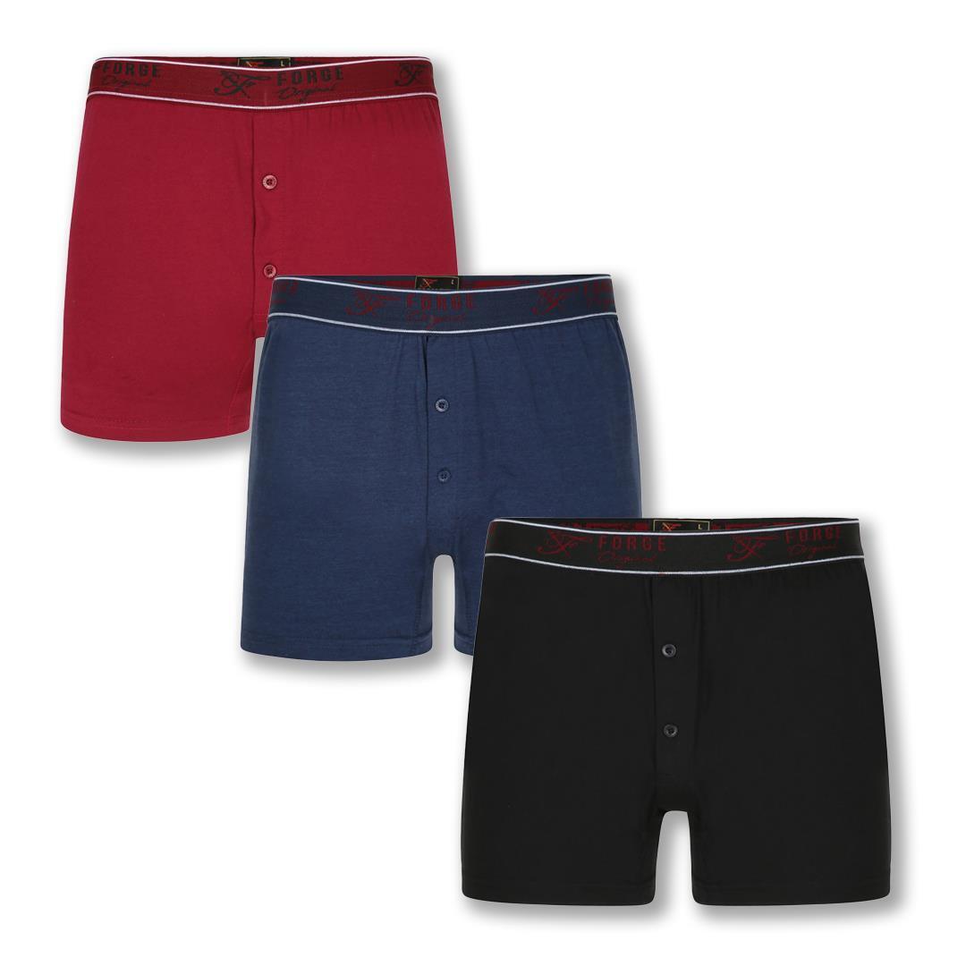 Mens 3 Pack Forge Boxer Shorts Trunks Cotton Underwear Button Fly Underpants