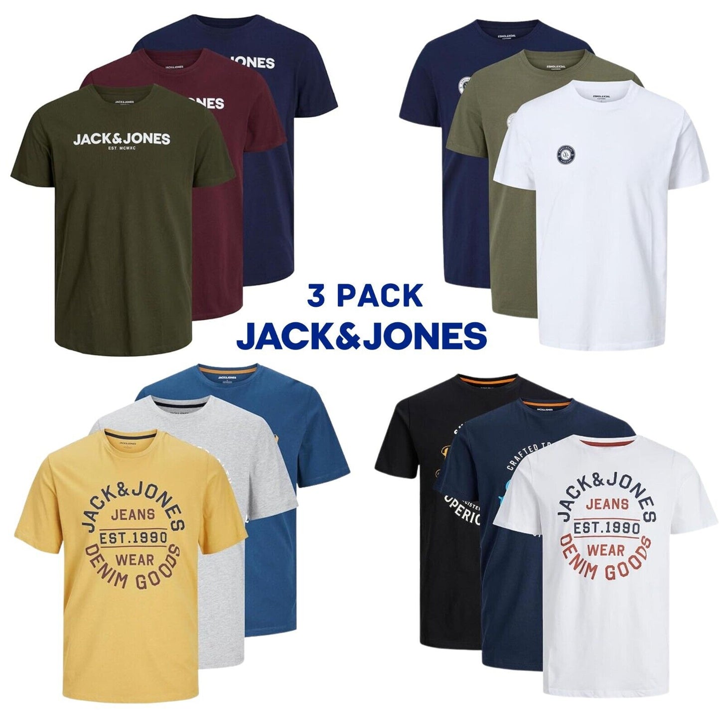 Mens T-Shirt Jack & Jones 3 Pack Plain Logo Branded Cotton Tee Top Casual S-2XL