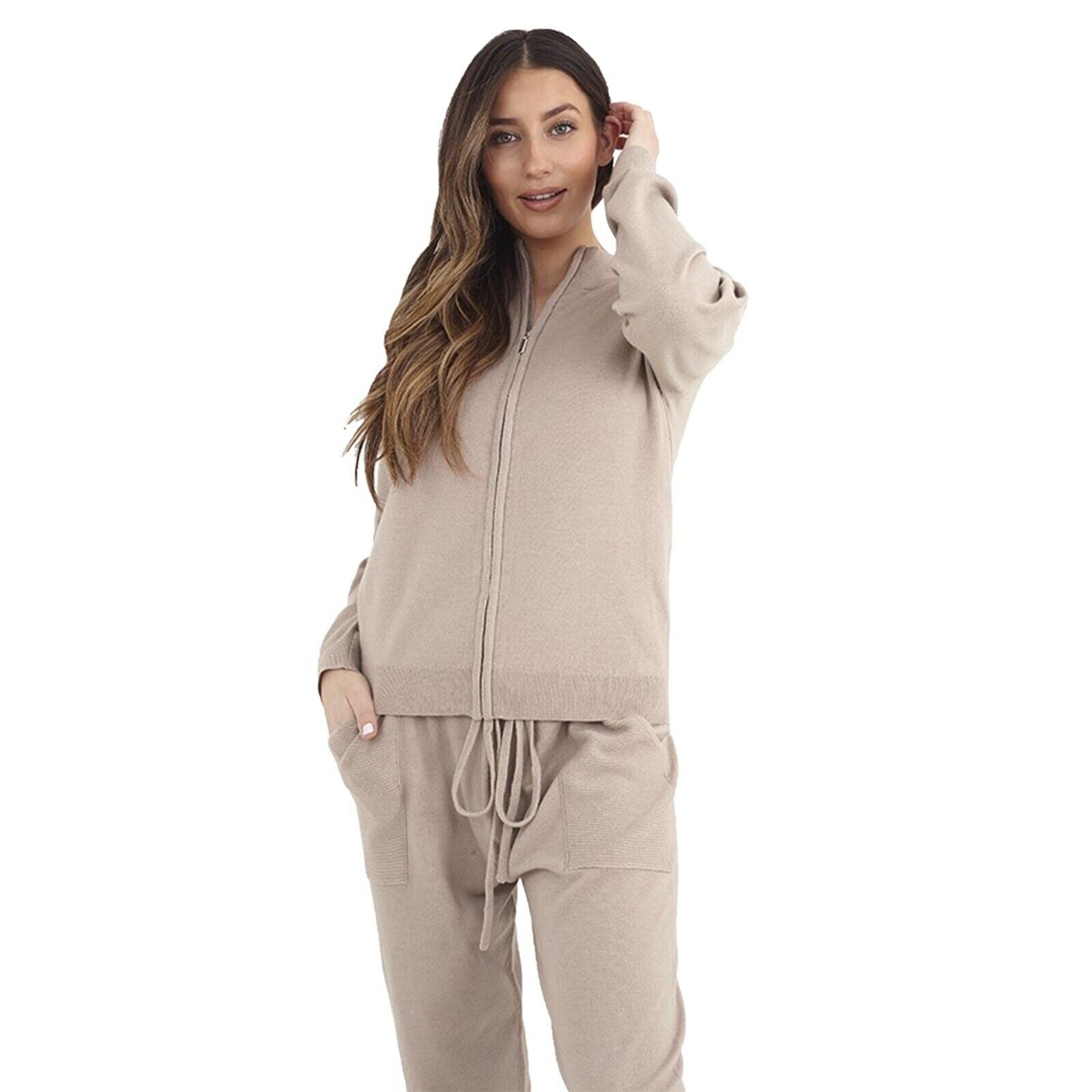 Womens Knitted 2 Piece Set Long Sleeve High Neck Top & Trouser Tracksuit XS-L