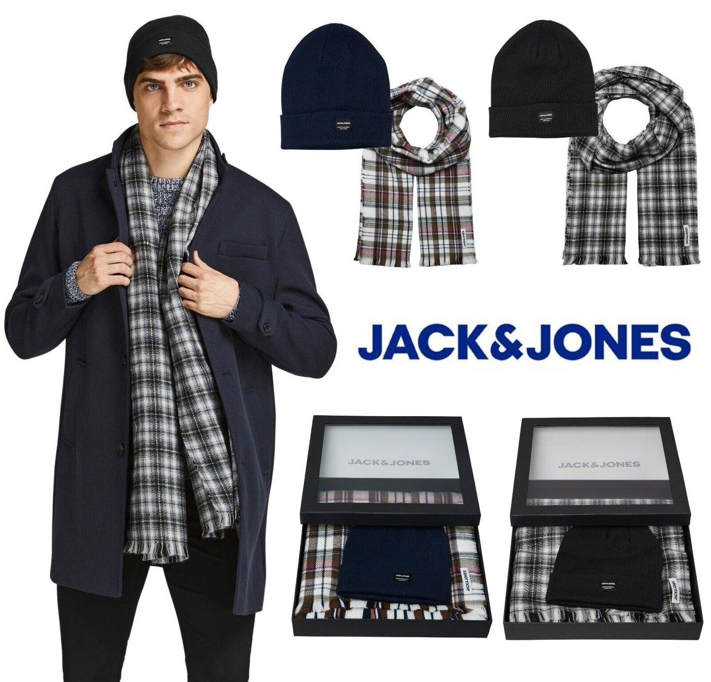 Mens Gift Box Jack & Jones Beanie Hat & Scarf Set Checked Knitted Cold Winter