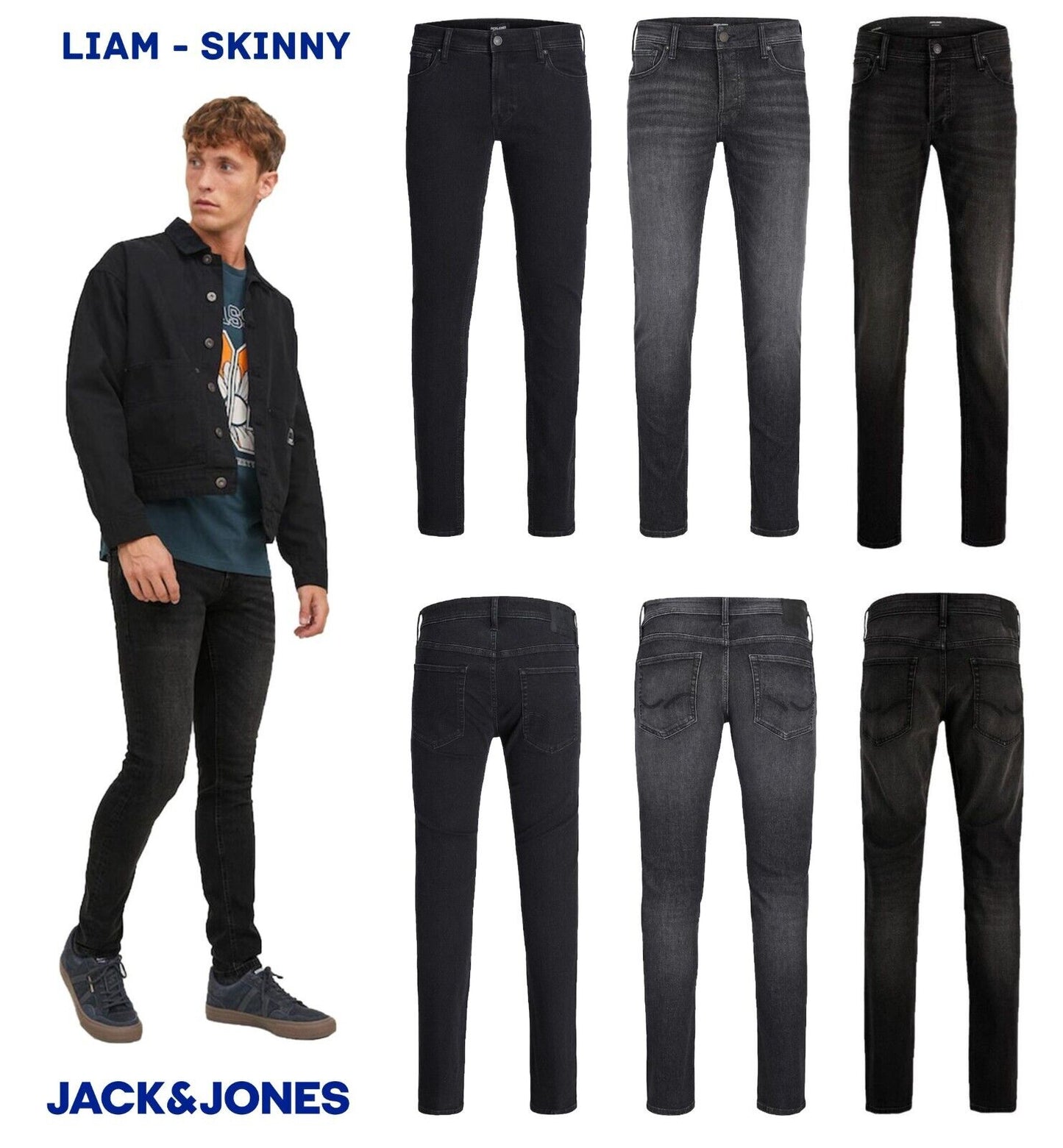 Mens Jack & Jones Liam Denim Skinny Fit Jeans Casual Comfort Trousers Pants