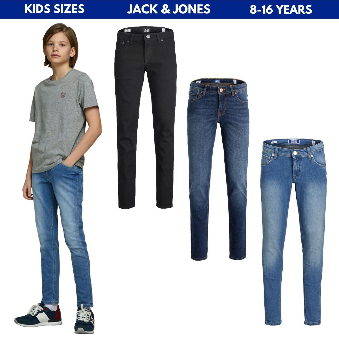 Kids Skinny Jeans Jack & Jones Boys Denim Pants Black & Blue 8-16 Years