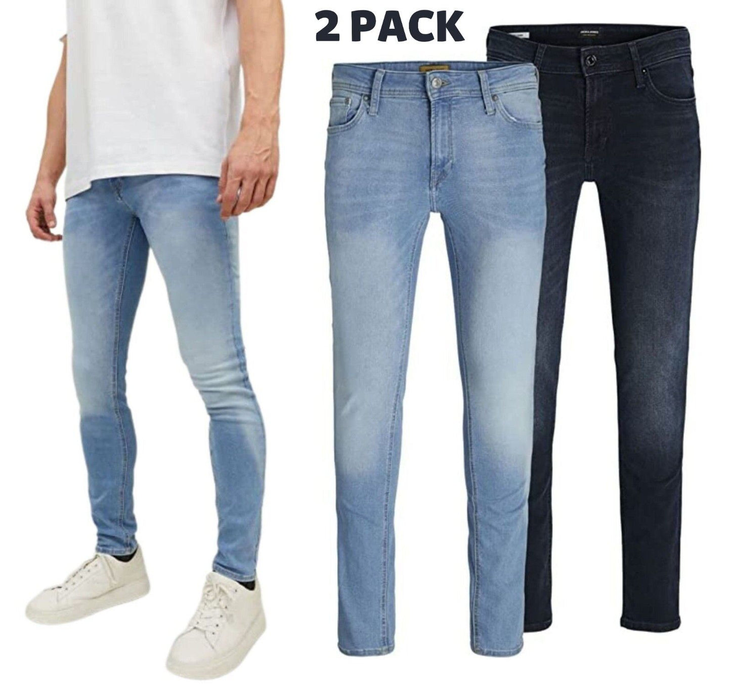 2 Pack Mens Denim Jeans Jack & Jones Liam Skinny Fit Blue Wash Zip Fly 28-36