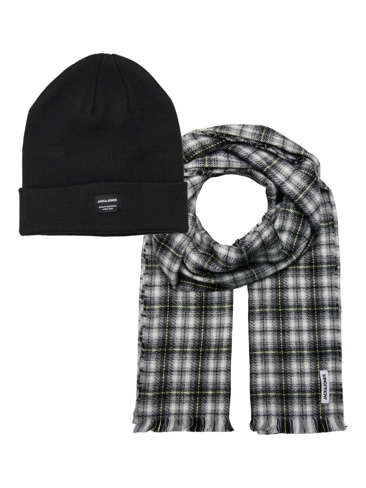 Mens Gift Box Jack & Jones Beanie Hat & Scarf Set Checked Knitted Cold Winter