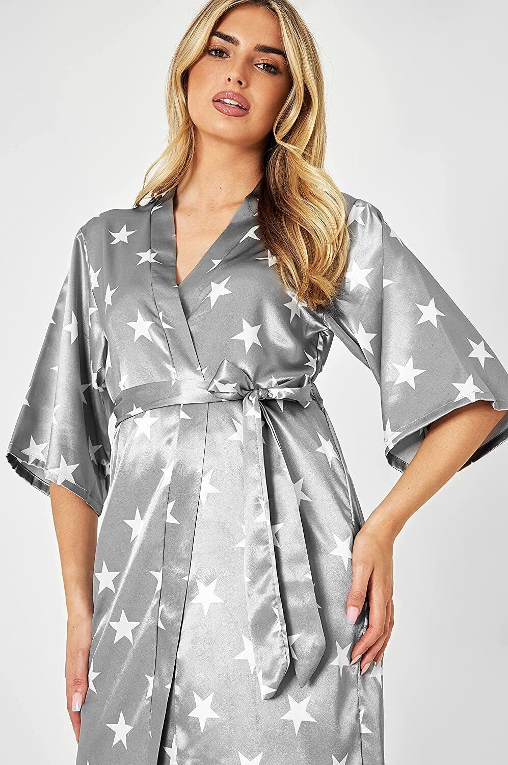 Ladies Luxury Satin Dressing Gown Womens Kimono Home Bath Robe Loungewear S-2XL