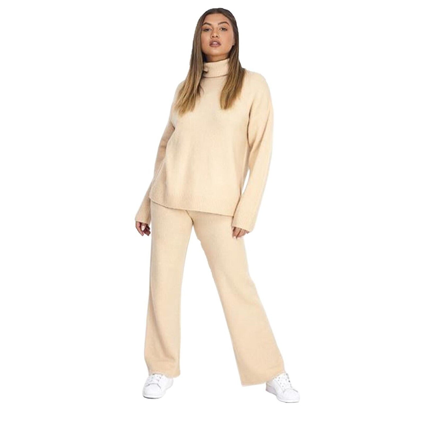 Womens Co-ord Set Long Sleeve High Neck Top & Trouser Knitted Tracksuit XS To L