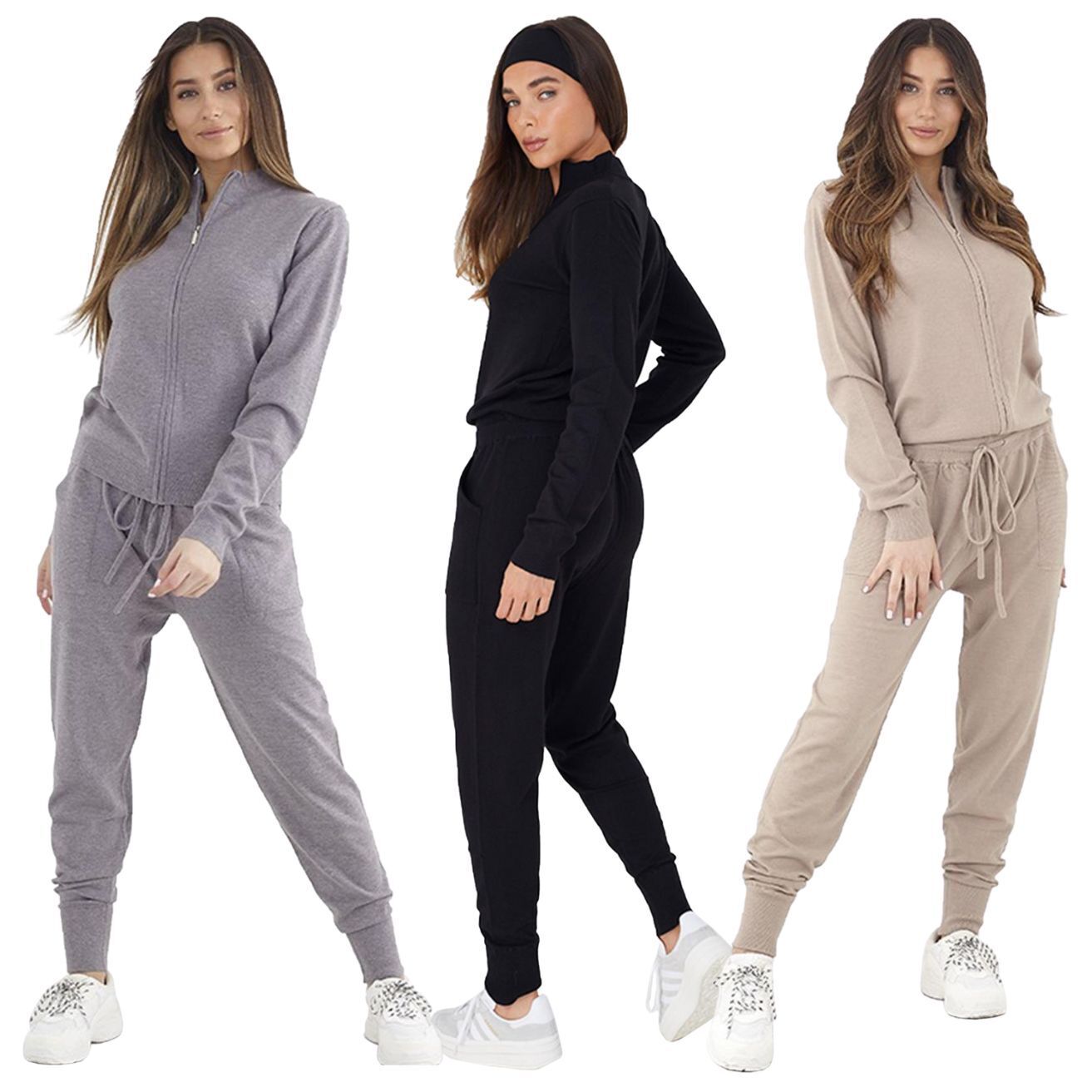 Womens Knitted 2 Piece Set Long Sleeve High Neck Top & Trouser Tracksuit XS-L