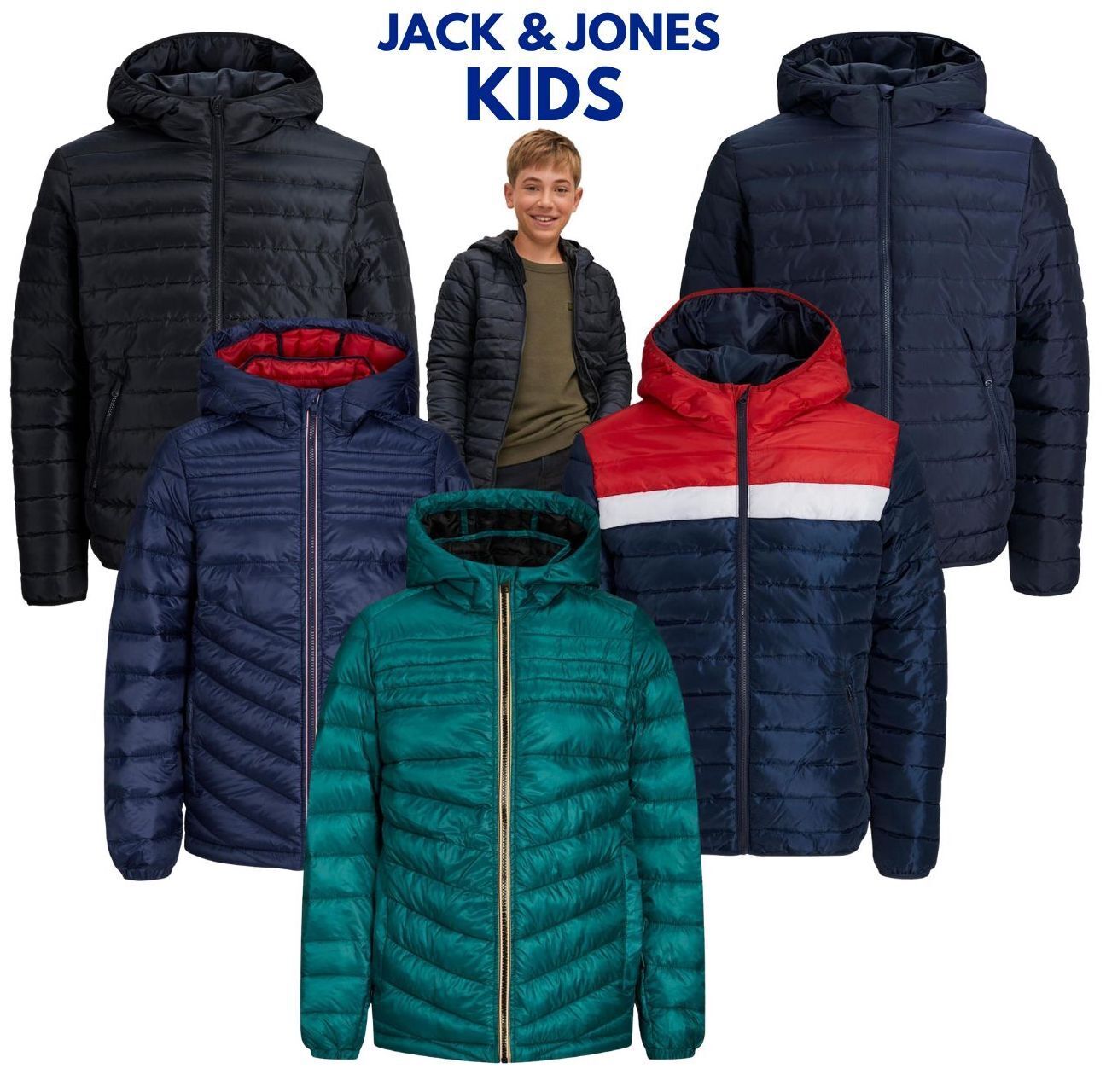 Jack & Jones Kids Boys Puffer Jacket Hood Neck Pockets Zipper Junior Coats