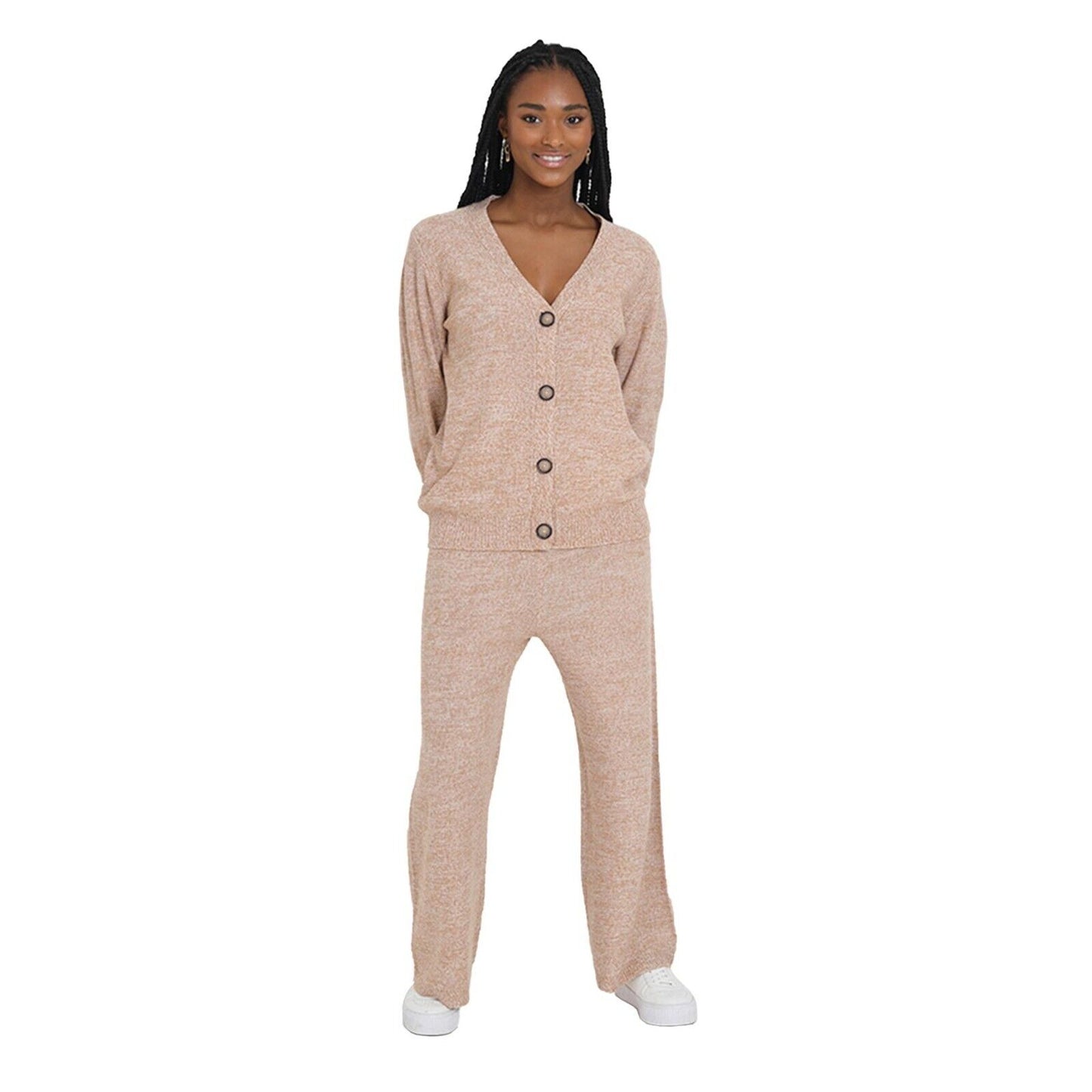 Womens Co-ord Set Long Sleeve High Neck Top & Trouser Knitted Tracksuit XS To L
