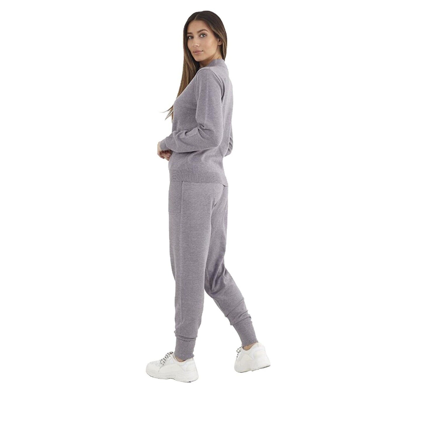 Womens Knitted 2 Piece Set Long Sleeve High Neck Top & Trouser Tracksuit XS-L
