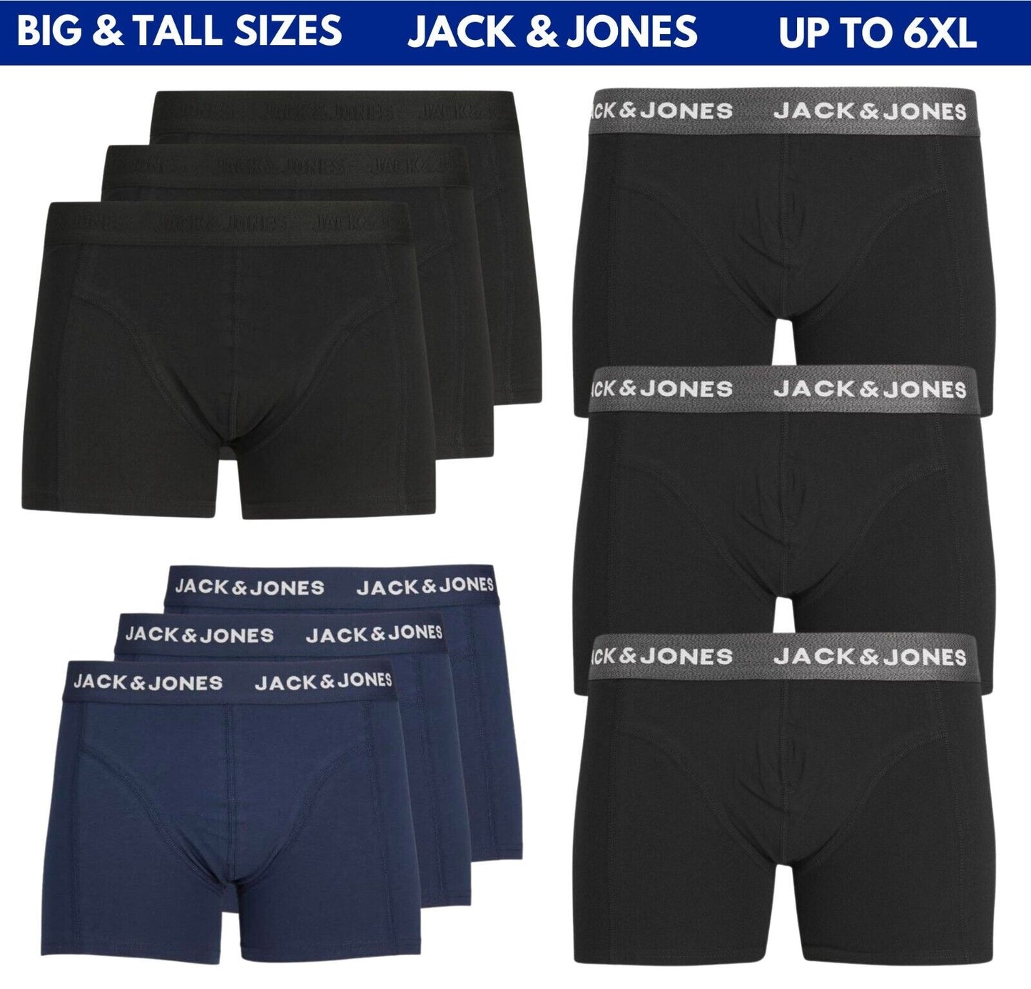 Mens Trunks Boxer Shorts 3 Pack Jack & Jones Big & Tall Boxers Underwear XL-6XL