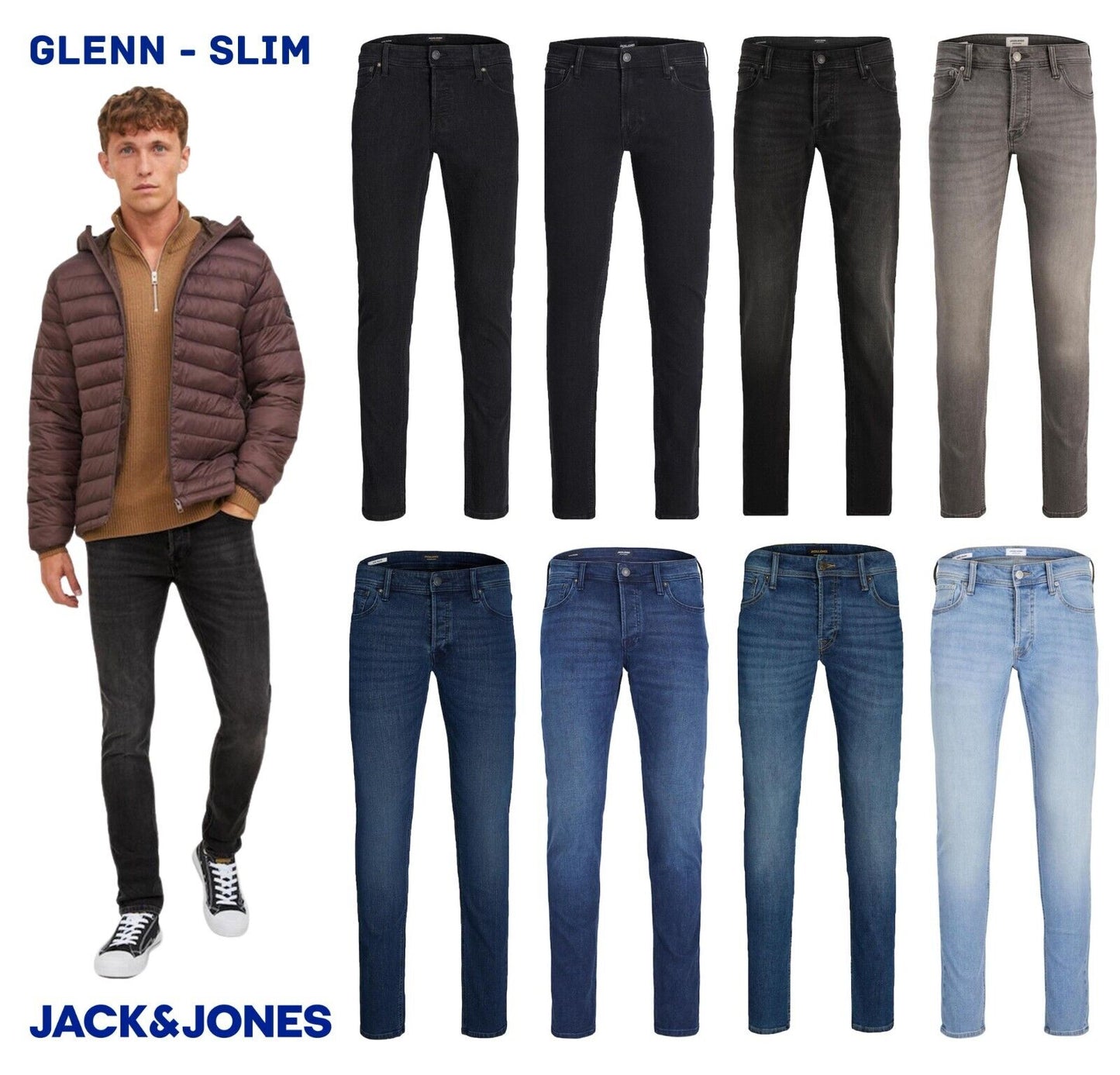 Mens Slim Fit Jeans Jack & Jones Glenn Denim Stretch Pants Smart Casual Trousers
