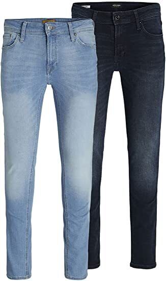 2 Pack Mens Denim Jeans Jack & Jones Liam Skinny Fit Blue Wash Zip Fly 28-36