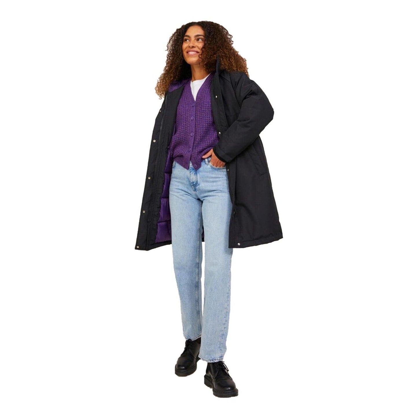 Womens Black Parka Coat Jack & Jones Hooded Zip Up Long Sleeve Jacket for Ladies